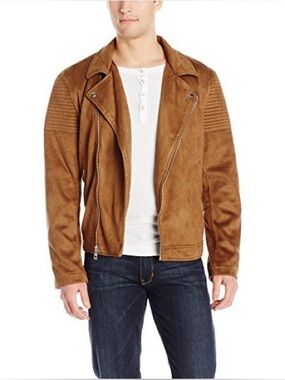 Guess Mens Faux Suede Brown Moto Biker Jacket Sz. L
